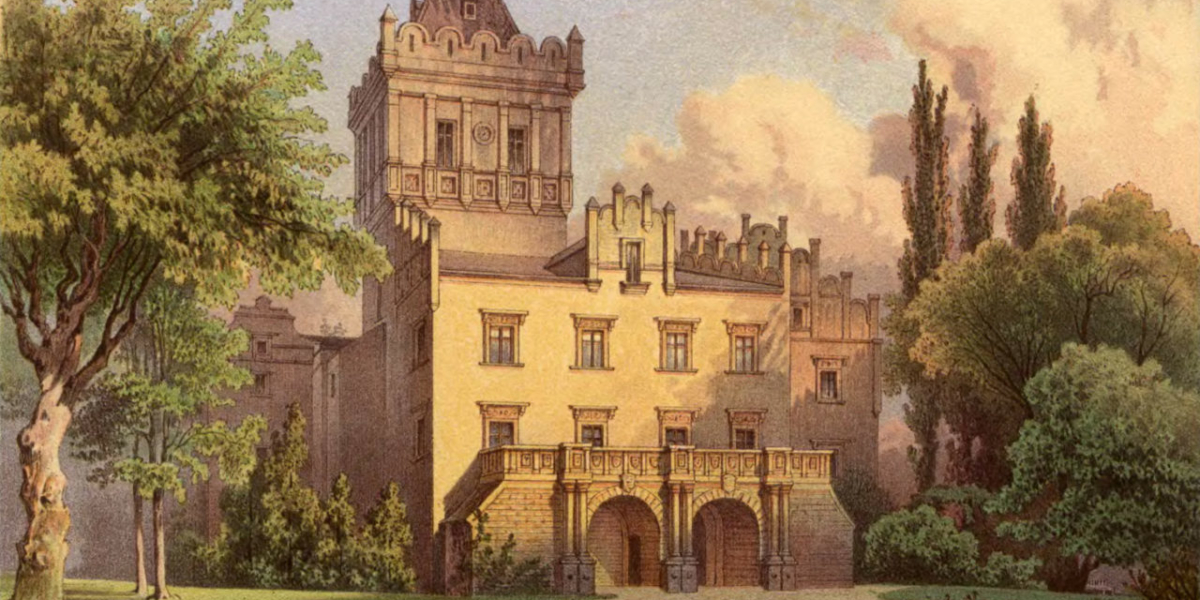 Zamek Grodztwo (Schloss Kreppelhof) druga połowa XiX wieku. Źródło: Theodor Albert (Magdeburg 1822-1867, Theodor Blätterbauer, Alexander Duncker (1813-1897), Wikipedia